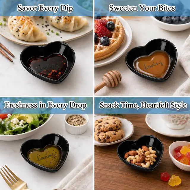 Alt view image 7 of 7 - Dipping Bowls, 3oz Soy Sauce Dish, Pturdy Plastic Small Bowls Set of 6, Black Love Heart Mini Appetizer Plates for Sauce, Soy Sauce, Condiment, Side Dishes, Sushi, Ketchup, BBQ Party