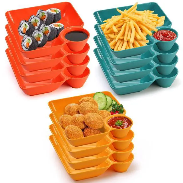 Main image of 12pcs Chip Dip Serving Platter Set, Plastic Dumpling Plates with Sauce Compartment, Square Serving Dish Sushi Plates, Small Dip Tray for Appetizer, Taco Salsa, Fruit, Charcuterie