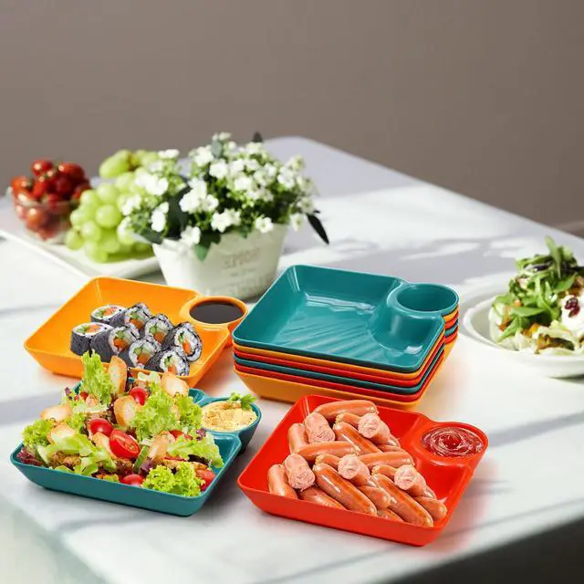 Alt view image 6 of 7 - 12pcs Chip Dip Serving Platter Set, Plastic Dumpling Plates with Sauce Compartment, Square Serving Dish Sushi Plates, Small Dip Tray for Appetizer, Taco Salsa, Fruit, Charcuterie