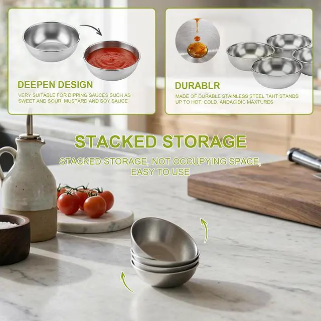 Alt view image 4 of 7 - 8PCS Small Dipping Bowls - Stainless Steel Sauce Condiment Cups, Mini Soy Sauce Dish, Appetizer Plates for Charcuterie, Ketchup, Seasoning, BBQ, Party, Camping, Easy to Clean, Silver