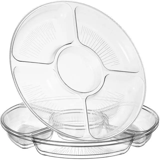 Main image of 5 Sectional Round Plastic Heavy duty Serving Tray/Platters Clear Pack of 2