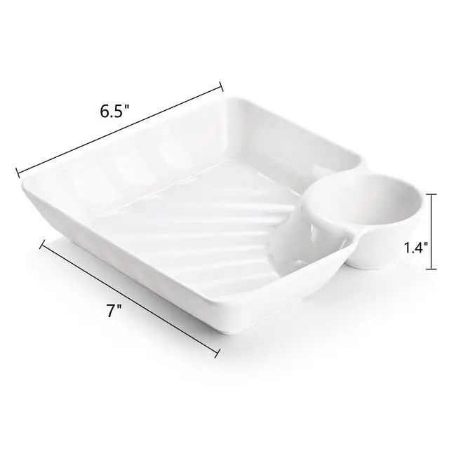 Alt view image 2 of 6 - 10Pcs Chips and Dip Plates, Plastic Serving Platter Set Dumpling Plate with Dipping Saucer, White Divided Snack Serving Dishes for Appetizer, Sushi, Taco Salsa, Charcuterie, Reusable