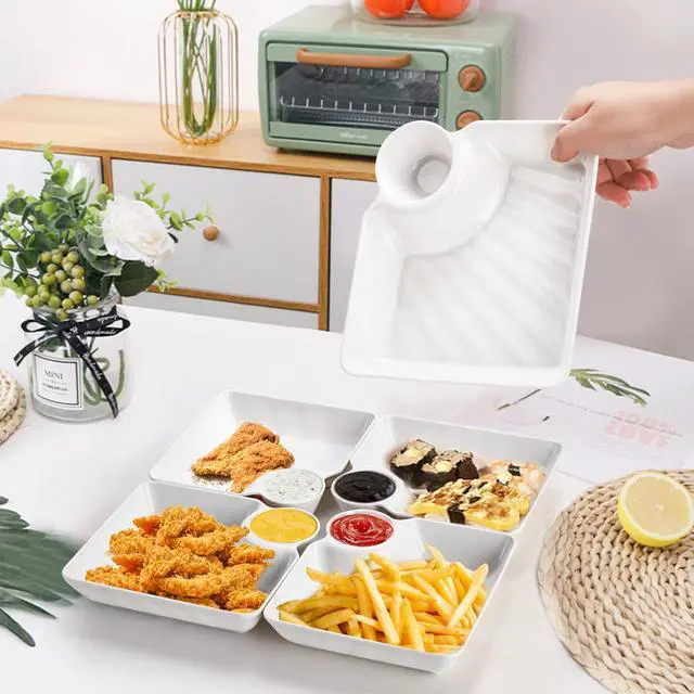 Alt view image 5 of 6 - 10Pcs Chips and Dip Plates, Plastic Serving Platter Set Dumpling Plate with Dipping Saucer, White Divided Snack Serving Dishes for Appetizer, Sushi, Taco Salsa, Charcuterie, Reusable