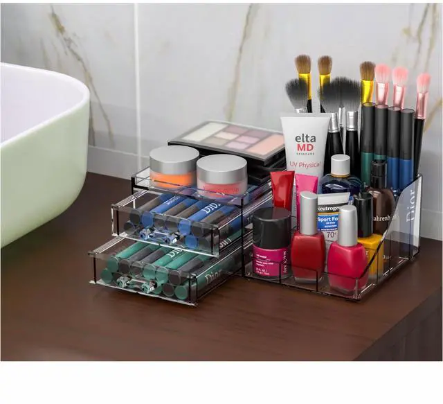 Alt view image 4 of 7 - Acrylic Small Makeup Organizer with Drawers,Clear Skincare Organizer for Vanity,Dresser,Bathroom Countertop,Cute Cosmetic Organizer for Lip Gloss,Makeup Brush,Beauty,Skin Care and Cosmetic Storage