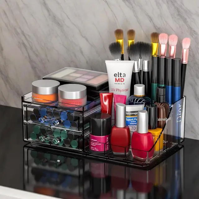 Alt view image 7 of 7 - Acrylic Small Makeup Organizer with Drawers,Clear Skincare Organizer for Vanity,Dresser,Bathroom Countertop,Cute Cosmetic Organizer for Lip Gloss,Makeup Brush,Beauty,Skin Care and Cosmetic Storage