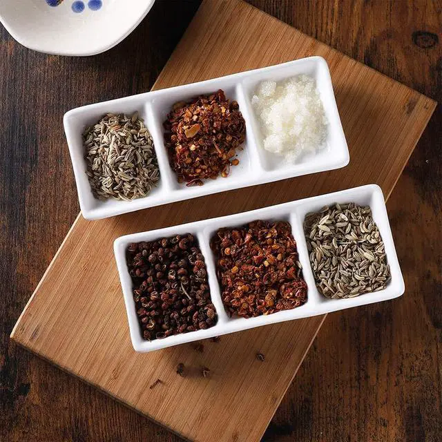 Alt view image 2 of 4 - 1PC Mini White Ceramic Rectangular 3 Compartment Appetizer Serving Tray Divided Spices Vinegar Nuts Snack Sauce Dishes for Home Kitchen Restaurant