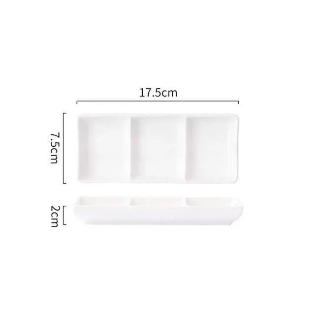 Alt view image 3 of 4 - 1PC Mini White Ceramic Rectangular 3 Compartment Appetizer Serving Tray Divided Spices Vinegar Nuts Snack Sauce Dishes for Home Kitchen Restaurant