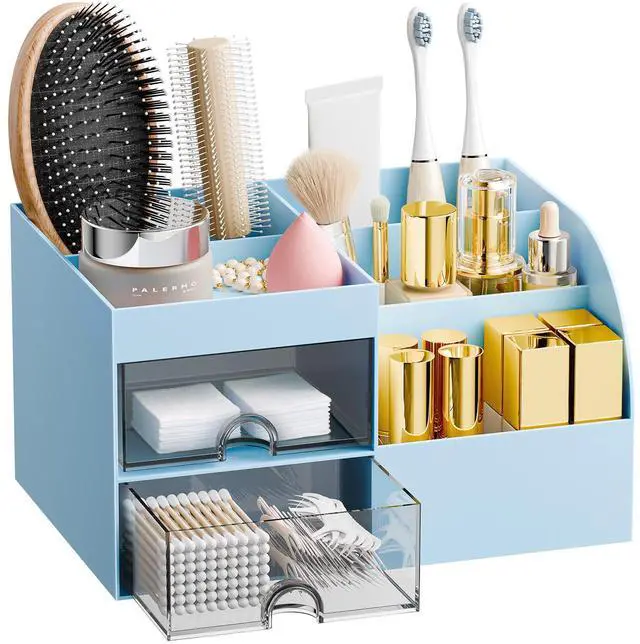 Main image of Makeup Organizer with 2 Drawers, Makeup Organizers Countertop for Vanity and Bathroom, Make up organization and Skincare Storage with Brush Holder, for Dresser, Desktop, Cosmetic Display Case (Blue)
