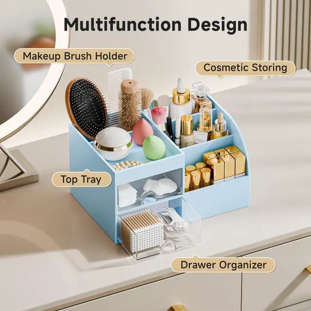 Alt view image 4 of 7 - Makeup Organizer with 2 Drawers, Makeup Organizers Countertop for Vanity and Bathroom, Make up organization and Skincare Storage with Brush Holder, for Dresser, Desktop, Cosmetic Display Case (Blue)