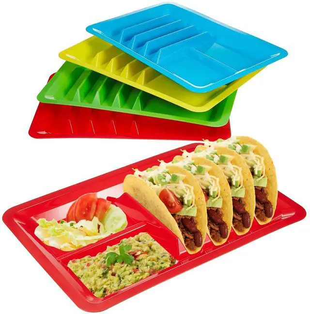 Main image of 4 Pcs Mexican Party Favor Plastic Taco Plates for Birthday Party with Stand up Divider for 3 Tacos and 2 Dipping Areas Trays for Cinco De Mayo Fiesta Microwave Dishwasher Safe