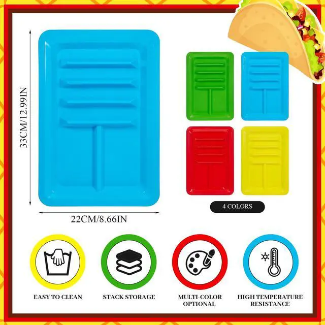 Alt view image 2 of 6 - 4 Pcs Mexican Party Favor Plastic Taco Plates for Birthday Party with Stand up Divider for 3 Tacos and 2 Dipping Areas Trays for Cinco De Mayo Fiesta Microwave Dishwasher Safe