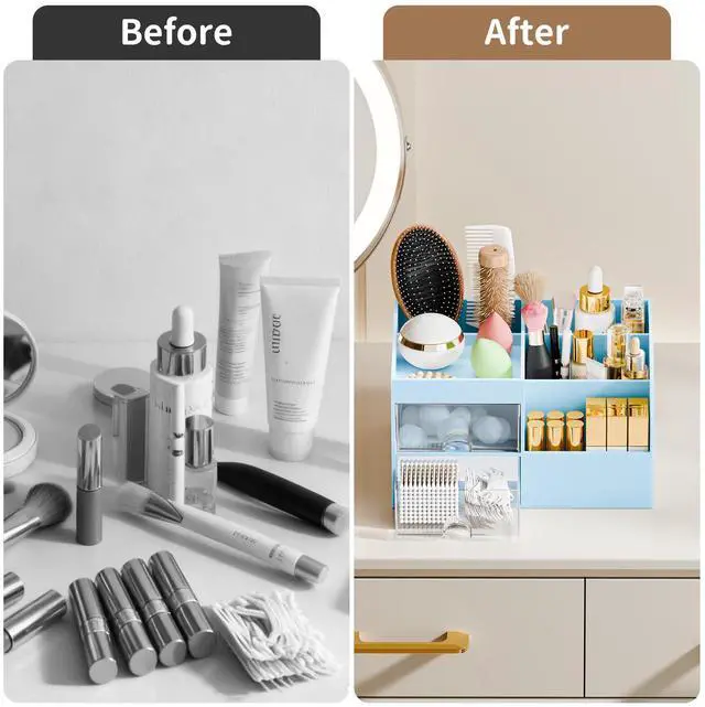 Alt view image 6 of 7 - Makeup Organizer with 2 Drawers, Makeup Organizers Countertop for Vanity and Bathroom, Make up organization and Skincare Storage with Brush Holder, for Dresser, Desktop, Cosmetic Display Case (Blue)