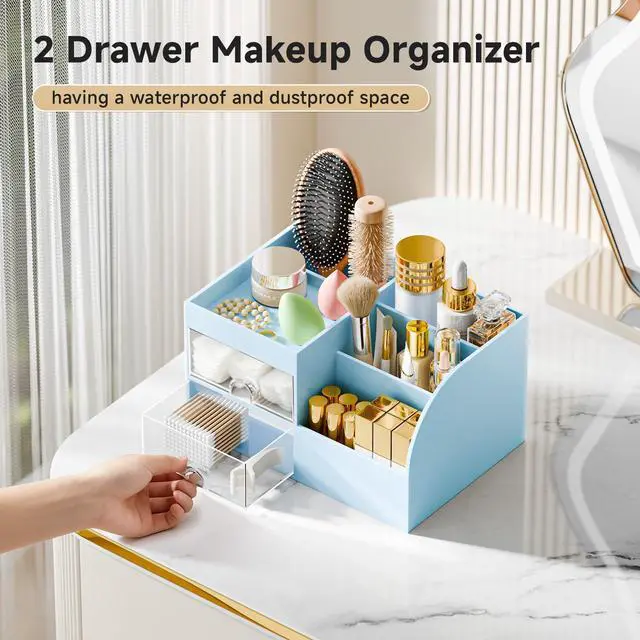Alt view image 5 of 7 - Makeup Organizer with 2 Drawers, Makeup Organizers Countertop for Vanity and Bathroom, Make up organization and Skincare Storage with Brush Holder, for Dresser, Desktop, Cosmetic Display Case (Blue)