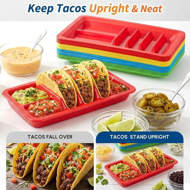 Alt view image 4 of 6 - 4 Pcs Mexican Party Favor Plastic Taco Plates for Birthday Party with Stand up Divider for 3 Tacos and 2 Dipping Areas Trays for Cinco De Mayo Fiesta Microwave Dishwasher Safe