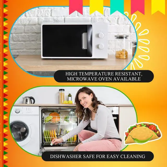 Alt view image 6 of 6 - 4 Pcs Mexican Party Favor Plastic Taco Plates for Birthday Party with Stand up Divider for 3 Tacos and 2 Dipping Areas Trays for Cinco De Mayo Fiesta Microwave Dishwasher Safe