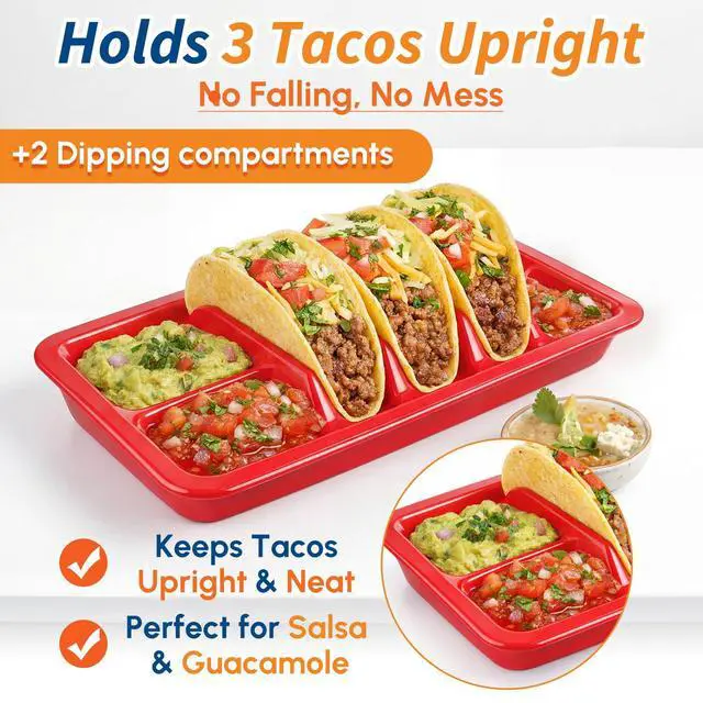 Alt view image 3 of 6 - 4 Pcs Mexican Party Favor Plastic Taco Plates for Birthday Party with Stand up Divider for 3 Tacos and 2 Dipping Areas Trays for Cinco De Mayo Fiesta Microwave Dishwasher Safe