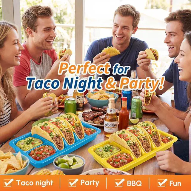 Alt view image 5 of 6 - 4 Pcs Mexican Party Favor Plastic Taco Plates for Birthday Party with Stand up Divider for 3 Tacos and 2 Dipping Areas Trays for Cinco De Mayo Fiesta Microwave Dishwasher Safe