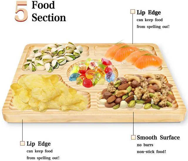 Alt view image 3 of 5 - Divided Wood Serving Tray, Rectangular Tray Chip and Dip Platter, Serving Tray with 5 Sections for Appetizers & Snacks, Veggie Platter, Food Trays for Party 12'' x 8.7'' x 0.6''