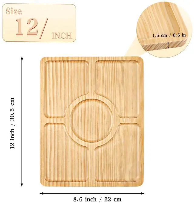 Alt view image 2 of 5 - Divided Wood Serving Tray, Rectangular Tray Chip and Dip Platter, Serving Tray with 5 Sections for Appetizers & Snacks, Veggie Platter, Food Trays for Party 12'' x 8.7'' x 0.6''