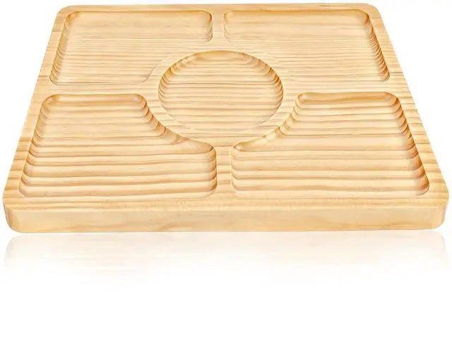 Main image of Divided Wood Serving Tray, Rectangular Tray Chip and Dip Platter, Serving Tray with 5 Sections for Appetizers & Snacks, Veggie Platter, Food Trays for Party 12'' x 8.7'' x 0.6''