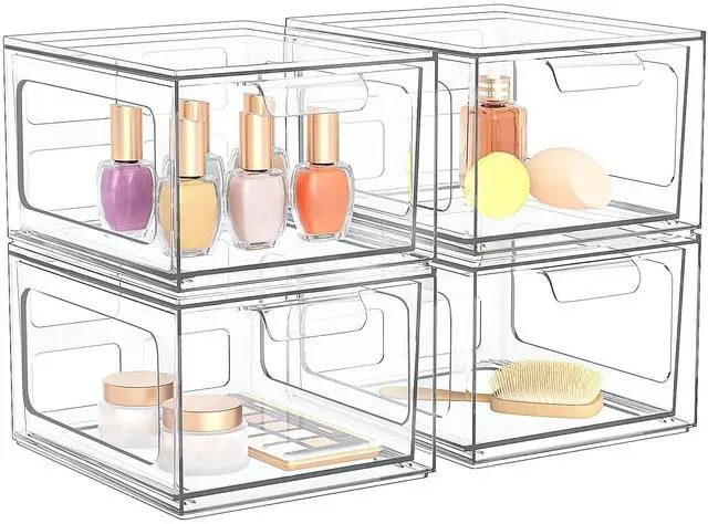 Main image of 4 Pack Stackable Plastic Makeup Organizer Drawers, Acrylic Organizers, Clear Storage Bins with Pull-Out Handles for Vanity, Kitchen Cabinets, Pantry