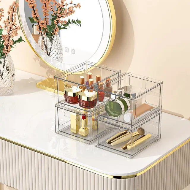 Alt view image 5 of 7 - 4 Pack Stackable Plastic Makeup Organizer Drawers, Acrylic Organizers, Clear Storage Bins with Pull-Out Handles for Vanity, Kitchen Cabinets, Pantry