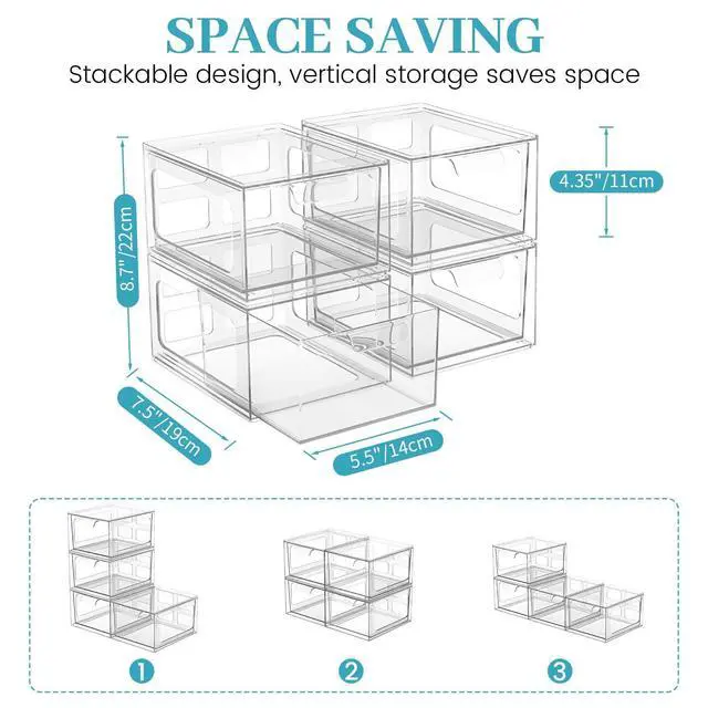Alt view image 2 of 7 - 4 Pack Stackable Plastic Makeup Organizer Drawers, Acrylic Organizers, Clear Storage Bins with Pull-Out Handles for Vanity, Kitchen Cabinets, Pantry