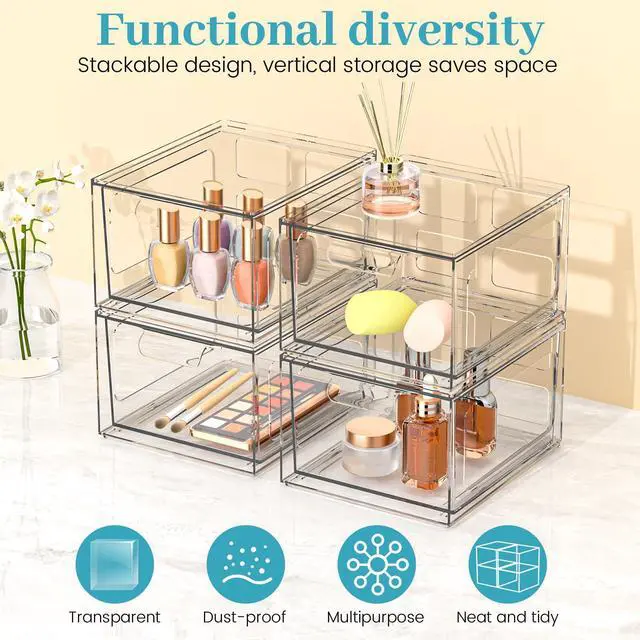 Alt view image 4 of 7 - 4 Pack Stackable Plastic Makeup Organizer Drawers, Acrylic Organizers, Clear Storage Bins with Pull-Out Handles for Vanity, Kitchen Cabinets, Pantry