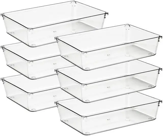 Main image of 6 Pack Drawer Organizer - 6" X 9" Plastic Storage Bins, Acrylic Organizers with Non-Slip Pads Clear Desk Storage Tray for Makeup, Jewelries, Kitchen Utensils, Bathroom and Office