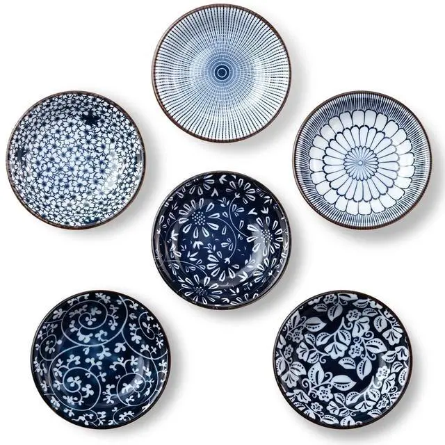 Main image of Dipping Bowls, Soy Sauce Dish Ceramic, 3 OZ Small Serving Bowls for Side Dishes Vintage Blue Stylish Design, Set of 6 Mini Appetizer Plates for Condiment Sushi Ketchup BBQ Party, 4 Inch