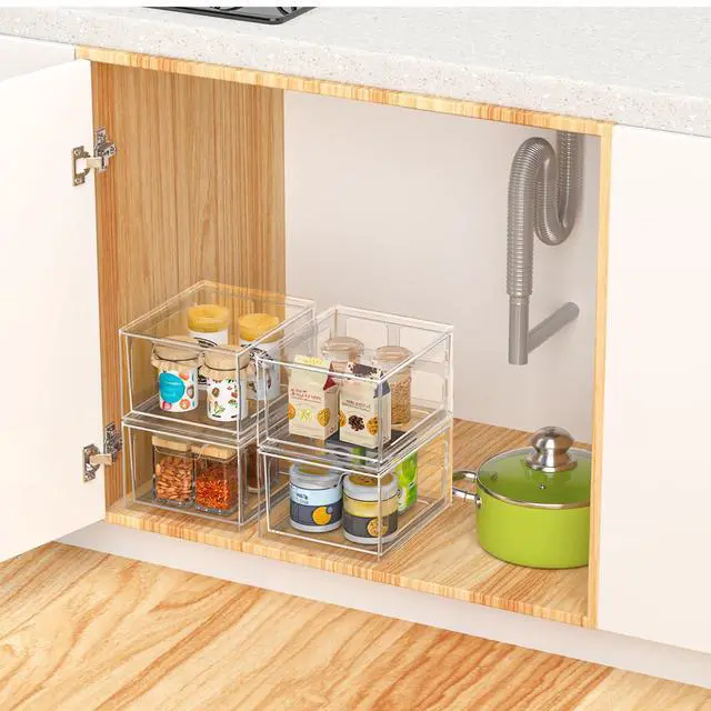 Alt view image 6 of 7 - 4 Pack Stackable Plastic Makeup Organizer Drawers, Acrylic Organizers, Clear Storage Bins with Pull-Out Handles for Vanity, Kitchen Cabinets, Pantry