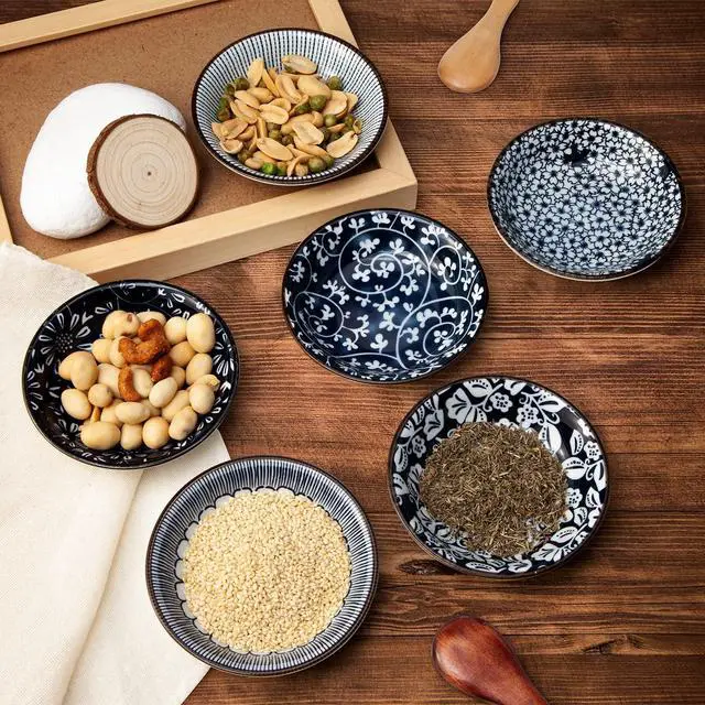 Alt view image 3 of 7 - Dipping Bowls, Soy Sauce Dish Ceramic, 3 OZ Small Serving Bowls for Side Dishes Vintage Blue Stylish Design, Set of 6 Mini Appetizer Plates for Condiment Sushi Ketchup BBQ Party, 4 Inch