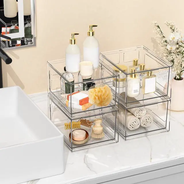 Alt view image 7 of 7 - 4 Pack Stackable Plastic Makeup Organizer Drawers, Acrylic Organizers, Clear Storage Bins with Pull-Out Handles for Vanity, Kitchen Cabinets, Pantry