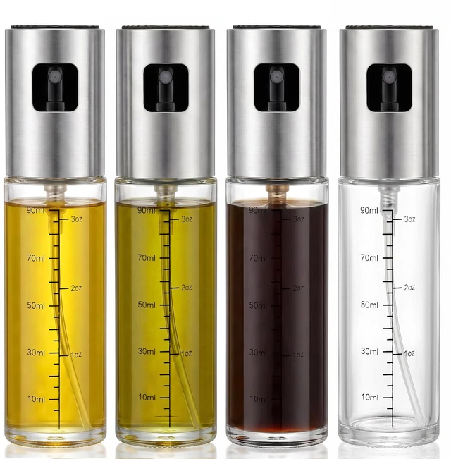 Main image of 4 Pack 100ml Glass Olive Oil Sprayer with Scale & 4 Label Stickers, Refillable Fine Mist Oil Dispenser for Air Fryer, Salad, Baking, Grilling, Frying