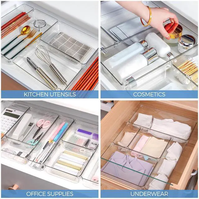 Alt view image 7 of 7 - 6 Pack Drawer Organizer - 6" X 9" Plastic Storage Bins, Acrylic Organizers with Non-Slip Pads Clear Desk Storage Tray for Makeup, Jewelries, Kitchen Utensils, Bathroom and Office
