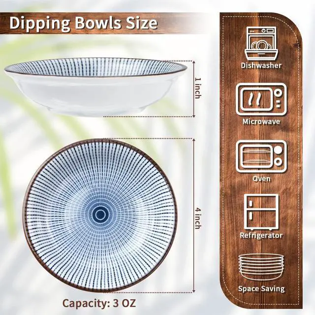 Alt view image 4 of 7 - Dipping Bowls, Soy Sauce Dish Ceramic, 3 OZ Small Serving Bowls for Side Dishes Vintage Blue Stylish Design, Set of 6 Mini Appetizer Plates for Condiment Sushi Ketchup BBQ Party, 4 Inch