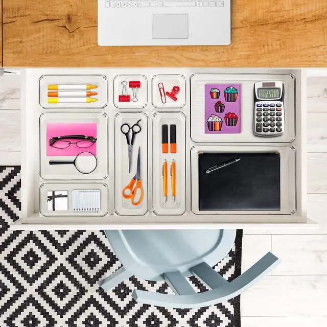 Alt view image 5 of 7 - 6 Pack Drawer Organizer - 6" X 9" Plastic Storage Bins, Acrylic Organizers with Non-Slip Pads Clear Desk Storage Tray for Makeup, Jewelries, Kitchen Utensils, Bathroom and Office