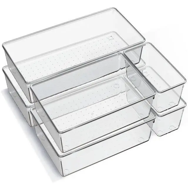 Main image of 6 Pack Large Clear Plastic Drawer Organizer Trays, Acrylic Kitchen Drawer Organization and Storage Dividers, Non-Slip Storage Bins for Makeup, Kitchen Utensils, Bathroom, Jewelries and Office Desk