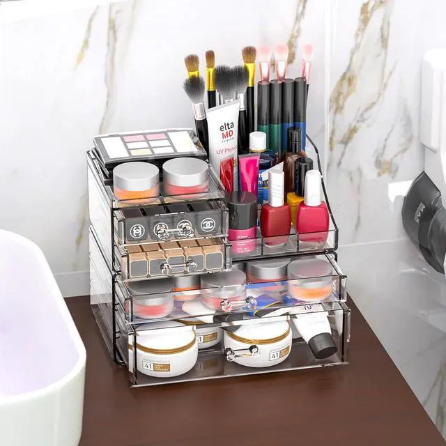 Alt view image 6 of 7 - Clear Acrylic Makeup Organizer for Vanity,Bathroom,Dresser,4 Drawer Make up Organizers for Counter,Plastic Countertop Makeup Storage for Beauty,Hair Accessory,Brush,Cosmetic,Skincare Organizer