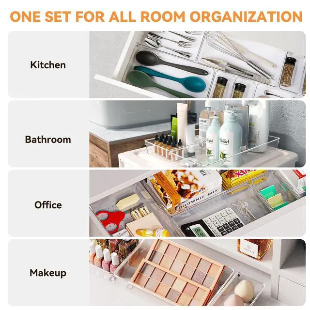 Alt view image 3 of 7 - 6 Pack Large Clear Plastic Drawer Organizer Trays, Acrylic Kitchen Drawer Organization and Storage Dividers, Non-Slip Storage Bins for Makeup, Kitchen Utensils, Bathroom, Jewelries and Office Desk