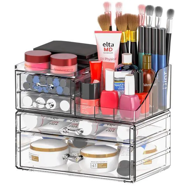 Alt view image 7 of 7 - Clear Acrylic Makeup Organizer for Vanity,Bathroom,Dresser,4 Drawer Make up Organizers for Counter,Plastic Countertop Makeup Storage for Beauty,Hair Accessory,Brush,Cosmetic,Skincare Organizer