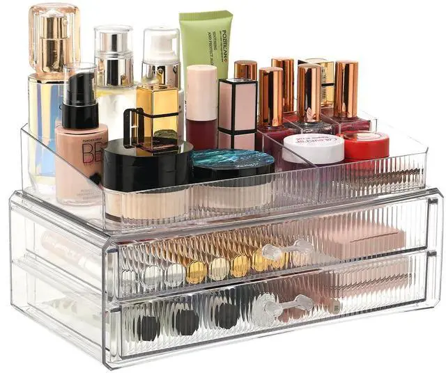 Main image of stackable storage drawers, acrylic storage rack, cosmetics and beauty products organizer, suitable for makeup room, bathroom, pantry, home bedroom storage