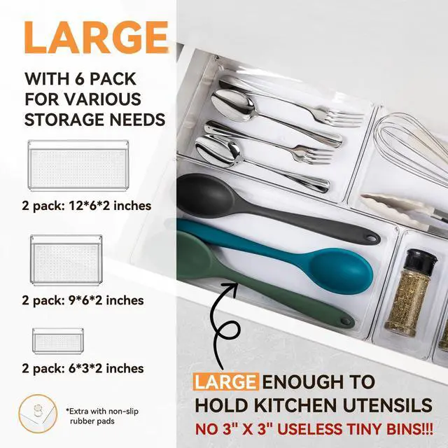 Alt view image 2 of 7 - 6 Pack Large Clear Plastic Drawer Organizer Trays, Acrylic Kitchen Drawer Organization and Storage Dividers, Non-Slip Storage Bins for Makeup, Kitchen Utensils, Bathroom, Jewelries and Office Desk