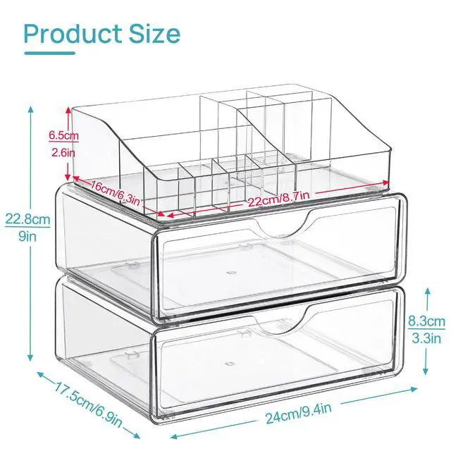 Alt view image 2 of 7 - 3 Tier Clear Makeup Organizer with Drawer, Cosmetic Storage for Dresser Countertop and Bathroom Vanity, Beauty Holder for Lipstick Brush Skincare