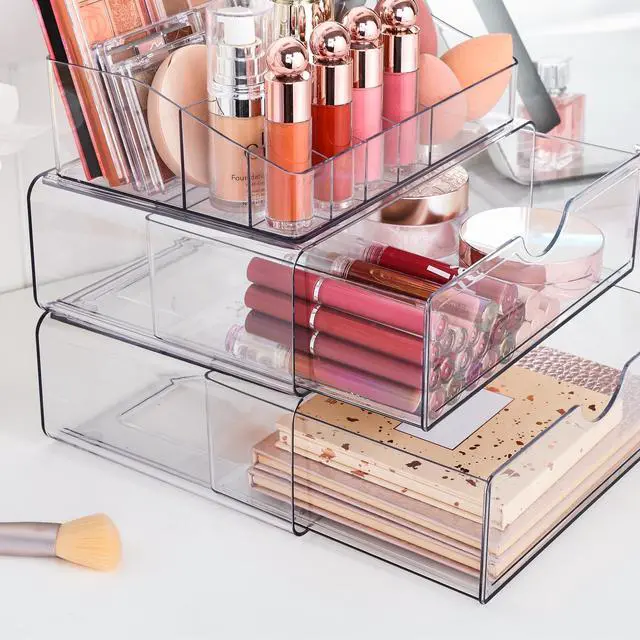 Alt view image 3 of 7 - 3 Tier Clear Makeup Organizer with Drawer, Cosmetic Storage for Dresser Countertop and Bathroom Vanity, Beauty Holder for Lipstick Brush Skincare