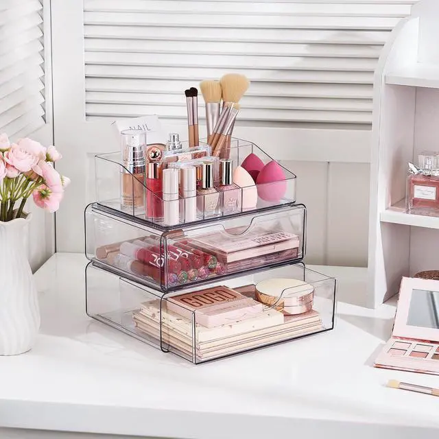 Alt view image 5 of 7 - 3 Tier Clear Makeup Organizer with Drawer, Cosmetic Storage for Dresser Countertop and Bathroom Vanity, Beauty Holder for Lipstick Brush Skincare