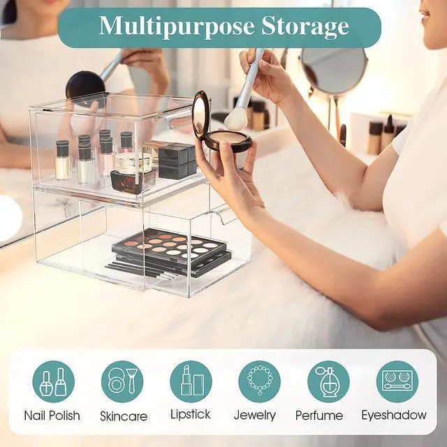 Alt view image 5 of 7 - 3 Pack Stackable Makeup Organizer and Storage, Acrylic OrganizersClear Plastic Storage Drawer with Handles for Vanity, Undersink, Kitchen Cabinets, Pantry