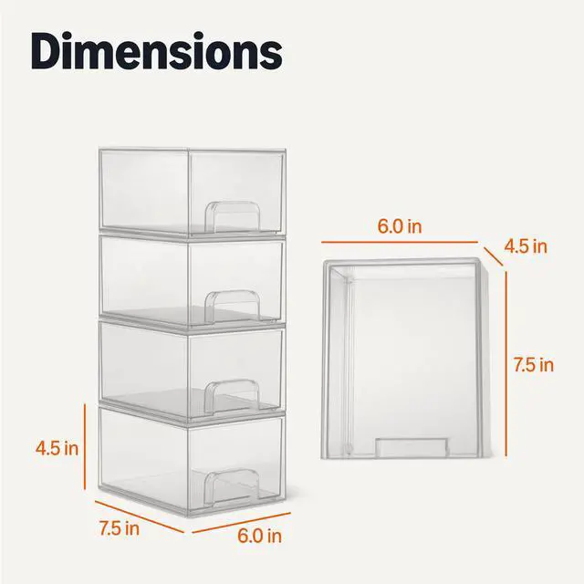Alt view image 5 of 5 - Stackable Plastic Storage Makeup Organizer Drawers, Clear, 7.5" x 6" x 4.5", 4-Pack