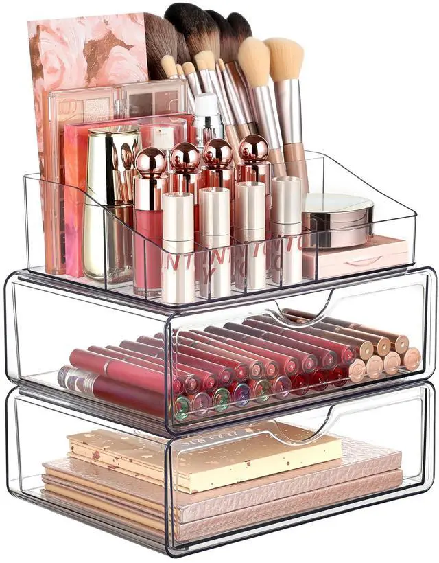 Main image of 3 Tier Clear Makeup Organizer with Drawer, Cosmetic Storage for Dresser Countertop and Bathroom Vanity, Beauty Holder for Lipstick Brush Skincare