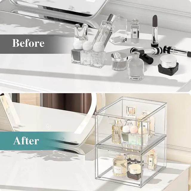 Alt view image 4 of 7 - 3 Pack Stackable Makeup Organizer and Storage, Acrylic OrganizersClear Plastic Storage Drawer with Handles for Vanity, Undersink, Kitchen Cabinets, Pantry